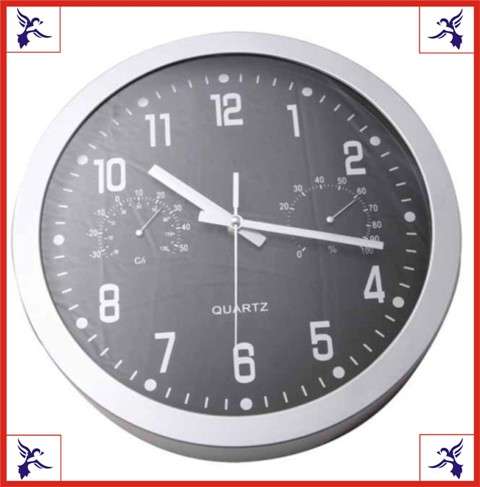 WEATHER STATION WALL CLOCK - Sweep movement - Silver & Black.