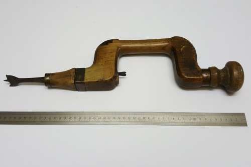 Rare Antique Auger Bit & Brace Hand Drill  Wood & Brass