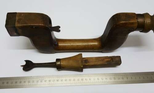 Rare Antique Auger Bit & Brace Hand Drill  Wood & Brass