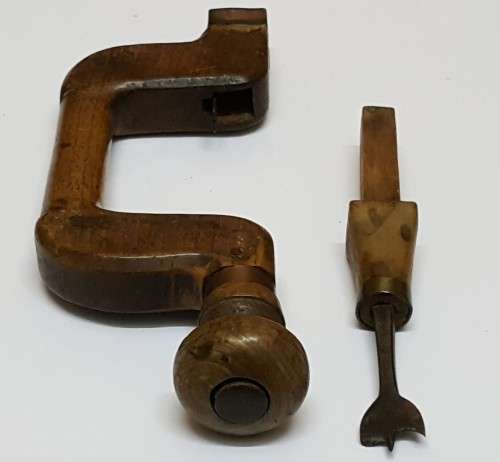 Rare Antique Auger Bit & Brace Hand Drill  Wood & Brass