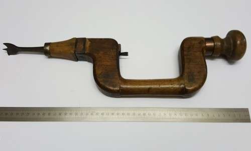 Rare Antique Auger Bit & Brace Hand Drill  Wood & Brass