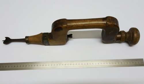 Rare Antique Auger Bit & Brace Hand Drill  Wood & Brass