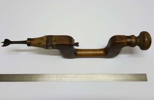 Rare Antique Auger Bit & Brace Hand Drill  Wood & Brass