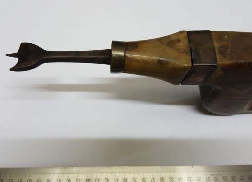 Rare Antique Auger Bit & Brace Hand Drill  Wood & Brass
