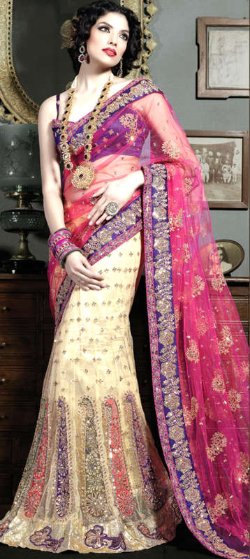 Cream, Red & Purple Lehenga Skirt Style Saree - IN STOCK  !!!