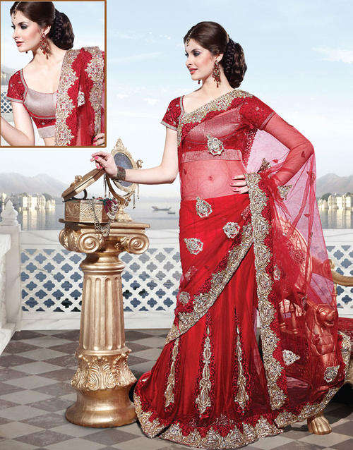 ~IN STOCK~  GORGEOUS RED & GOLD NET LEHENGA STYLE SAREE !!!