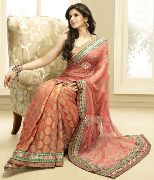 ~IN STOCK~  LOVELY CORAL PEACH NET AND JACQUARD SAREE !!!