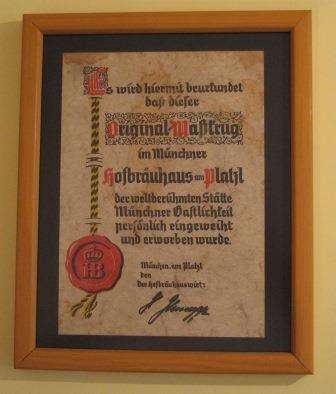 Hofbrauhaus 1L Beer Stoneware Stein Mug and Certificate.