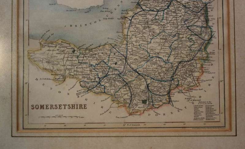 Framed Antique Map of Somersetshire by J Archer 1850