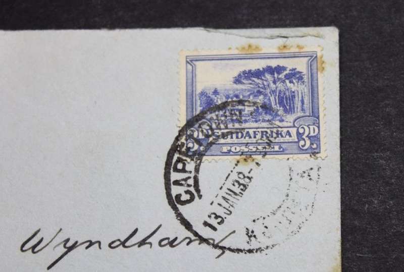 South Africa Blue 3 Pence Stamp on Envelope 1938