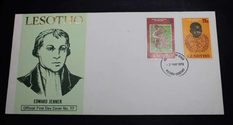First Day Cover # 17 Edward Jenner Portrait  Lesotho 5 and 25c Stamps  Envelope 1978
