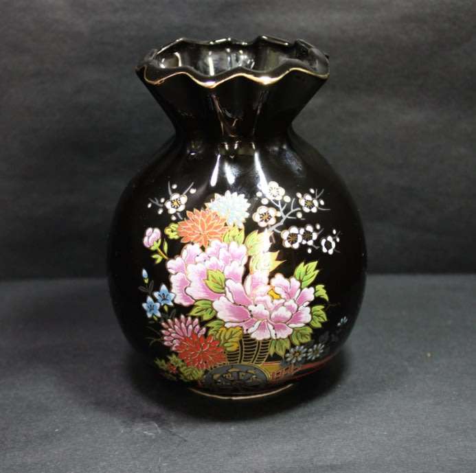 Black and Gold Vase Japan with Floral Pattern and Gold Trim