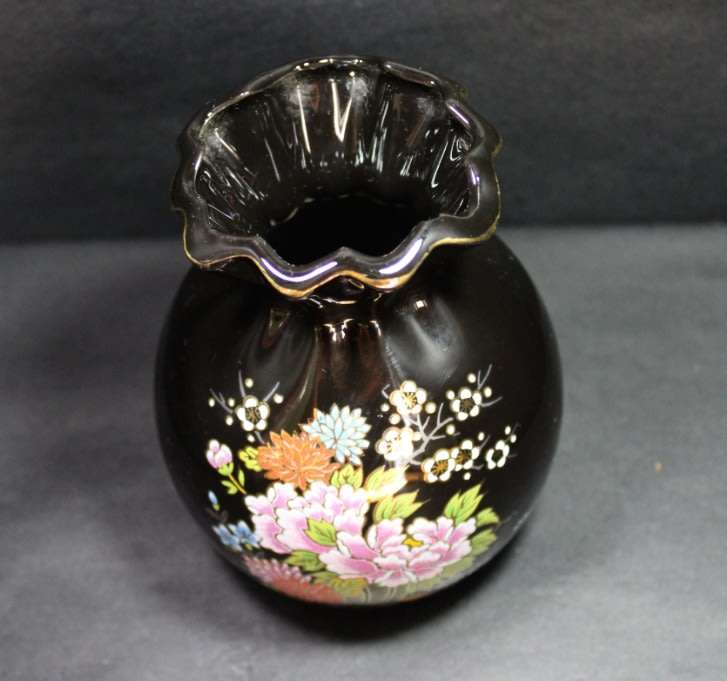 Black and Gold Vase Japan with Floral Pattern and Gold Trim