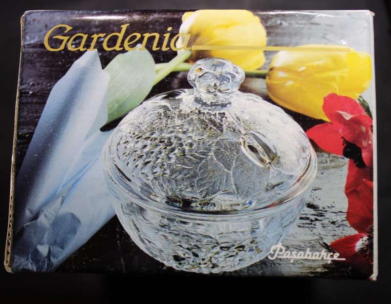 Pasabache Candy Glass Bowl with Lid, Gardenia Pattern, Made In Turkey.