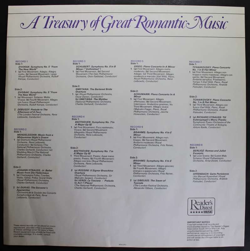 Readers Digest A Treasury of Great Romantic Music 8 x Vinyl LP Set