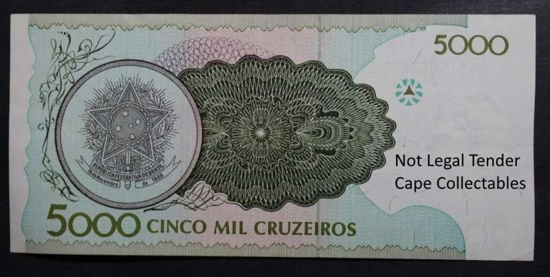 Brazil 5000 Cinco Mil Cruzeiros Bank Note 1992