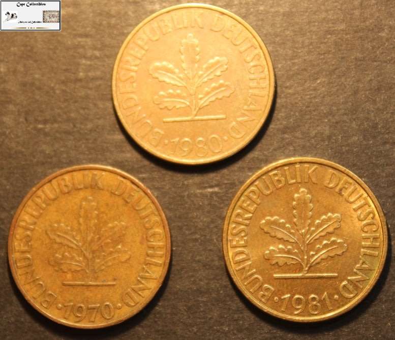 Germany 1970, 1980 and 1981 10 Pfennig (Three Coins) Circulated.