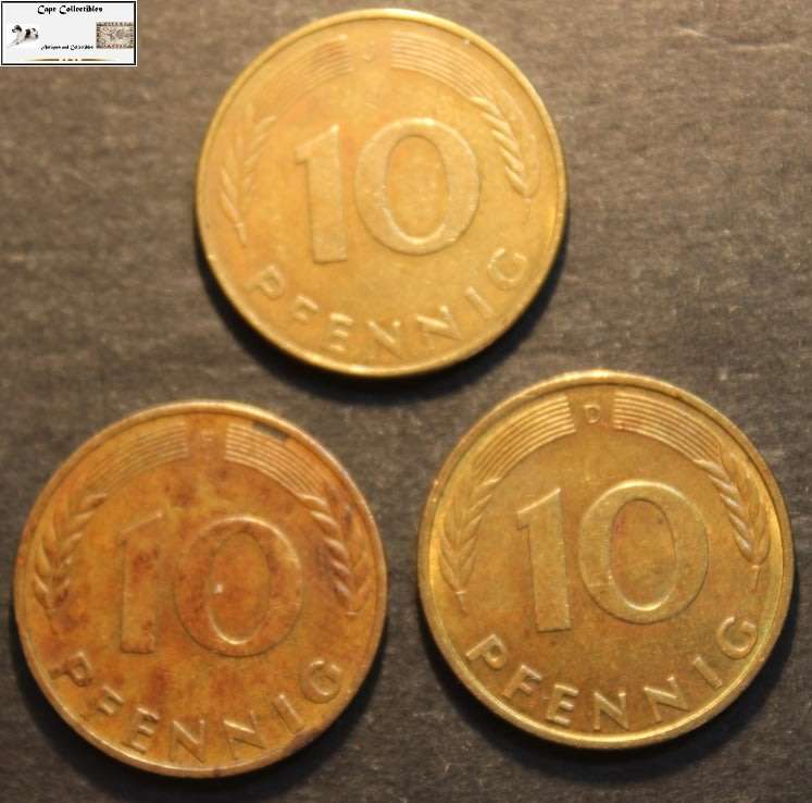 Germany 1970, 1980 and 1981 10 Pfennig (Three Coins) Circulated.