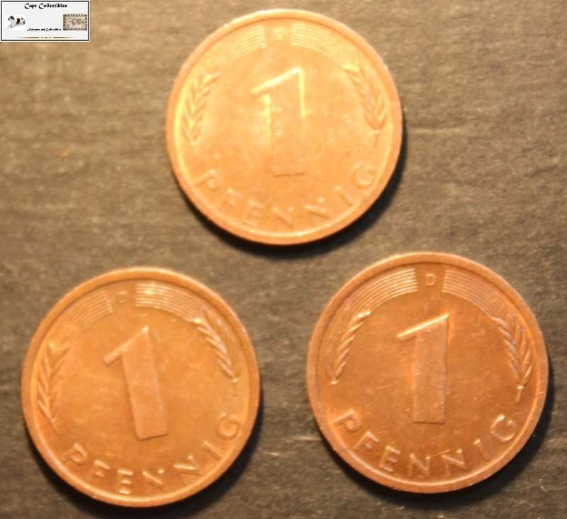 Germany 1971, 1972 and 1973 1 Pfennig (Three Coins) Circulated.