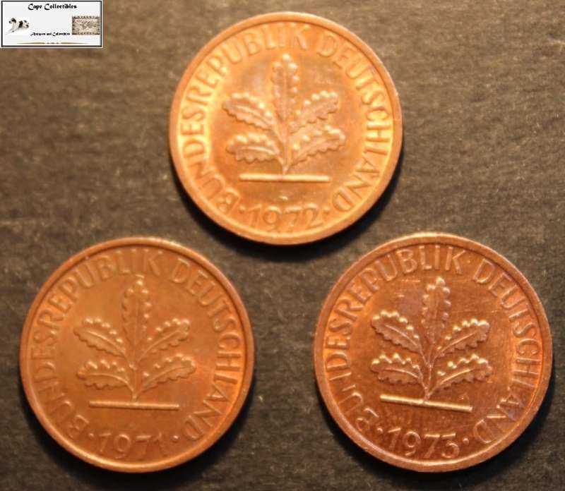 Germany 1971, 1972 and 1973 1 Pfennig (Three Coins) Circulated.
