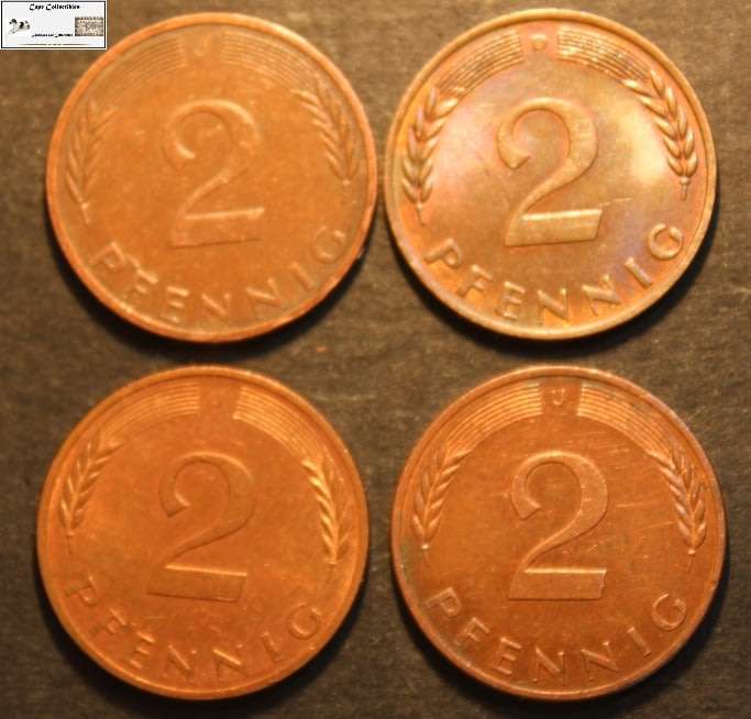 Germany 1968, 1976 and 2 x 1979 2 Pfennig (Four Coins) Circulated.