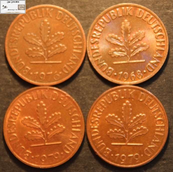 Germany 1968, 1976 and 2 x 1979 2 Pfennig (Four Coins) Circulated.
