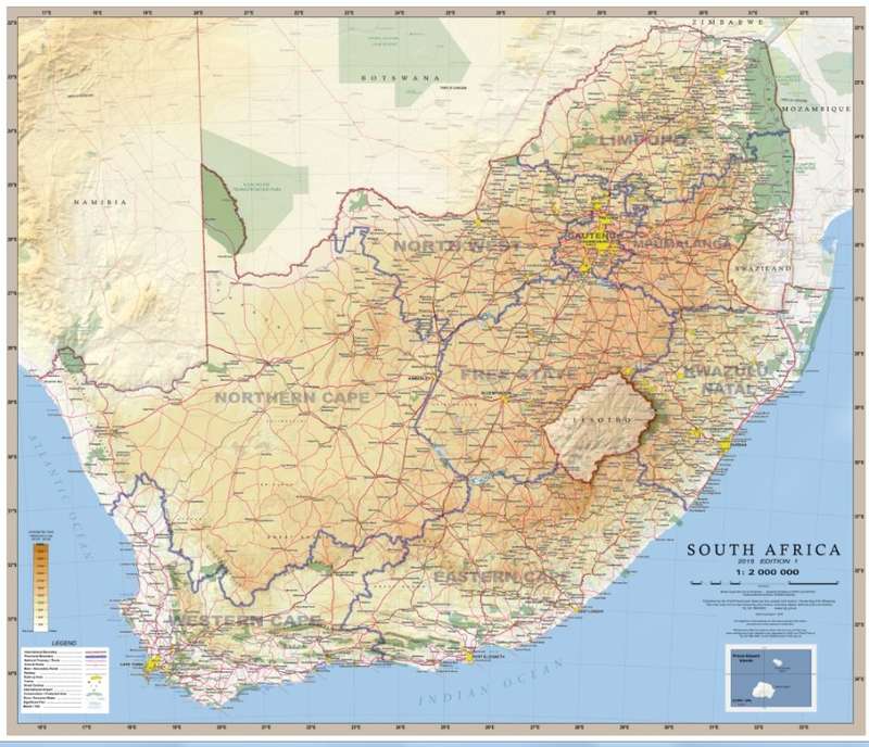 South Africa Provincial Political and Physical Wall Map 2015 Printed.