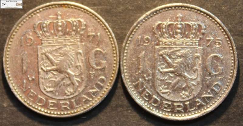 Netherlands 1971 and 1975 1 Gulden Coin (Two) VF20