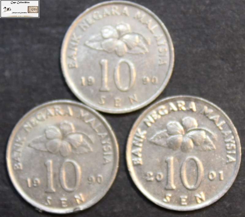 Malaysia 1990x2 / 2001 10 Sen Coin (Three Coins) Circulated