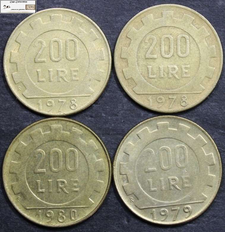 Italy 200 Lire 2x 1978 / 1979 / 1980 (Four Coins) Circulated