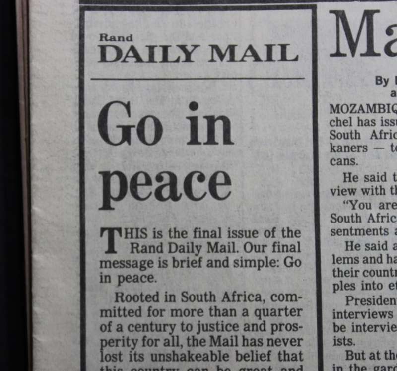 Rand Daily Mail final edition 30 April 1985 Autographed by Allister Sparks.