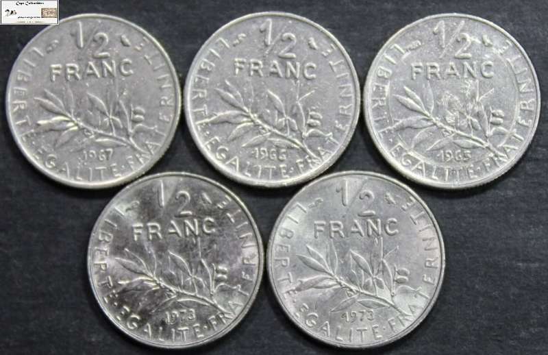France 1/2 Franc 1965/1966/1967/1973x2 (Five Coins) Circulated