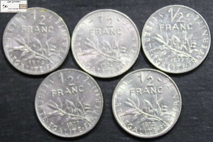 France 1/2 Franc 1972/1974/1976/1977 x2 (Five Coins) Circulated