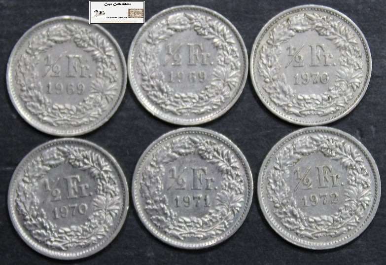 Switzerland 1/2 Franc 2x1969/2x1970/1971/1972 Coins (Six) EF40 Circulated