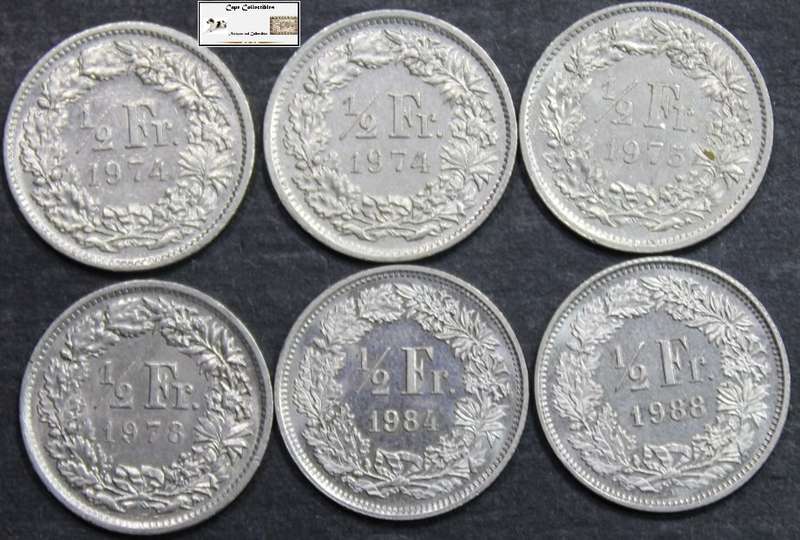 Switzerland 1/2 Franc 2x1974/1975/1978/1984/1988 Coins (Six) VF30 Circulated