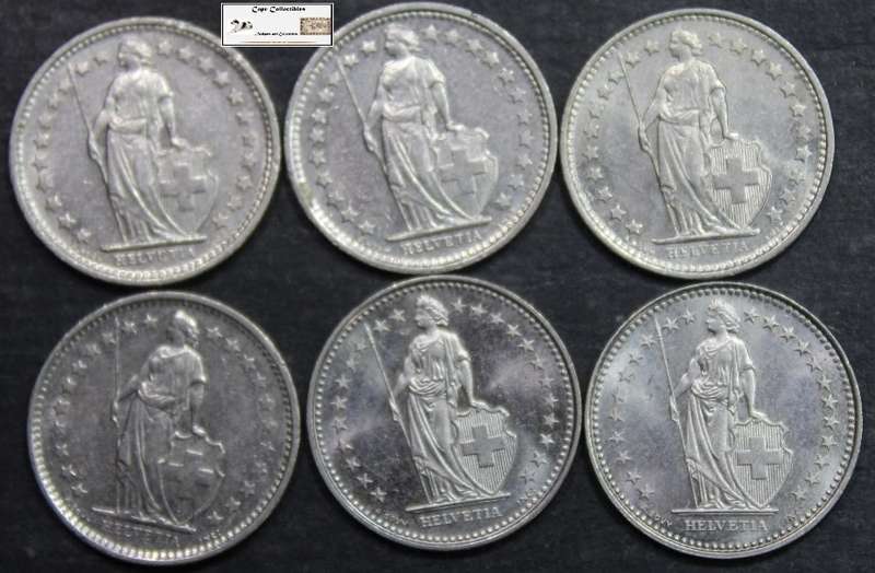 Switzerland 1/2 Franc 2x1974/1975/1978/1984/1988 Coins (Six) VF30 Circulated