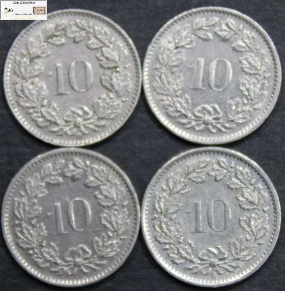 Switzerland 10 Rappen 1955/1969/1970/1972 (Four Coins) Circulated