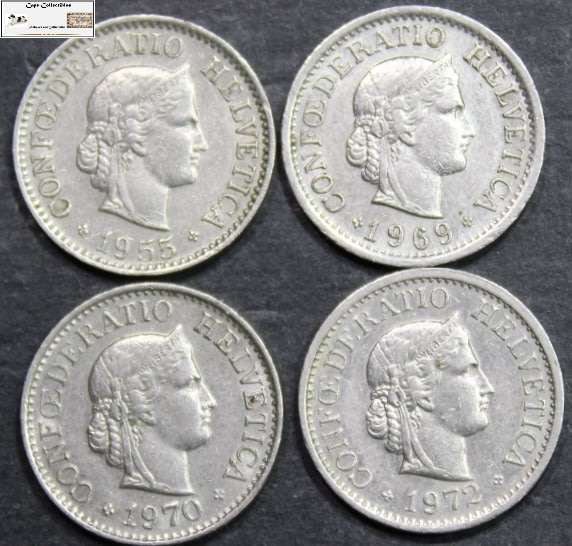Switzerland 10 Rappen 1955/1969/1970/1972 (Four Coins) Circulated