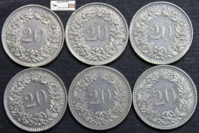 Switzerland 20 Rappen 2x1970/1975/1980/1985/1986 (Six Coins) Circulated