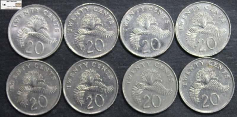 Singapore 20 Cent 1986/1989/2x1990/3x1991/1996 (Eight Coins) Circulated