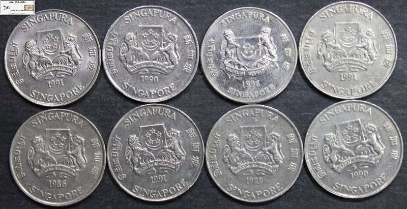 Singapore 20 Cent 1986/1989/2x1990/3x1991/1996 (Eight Coins) Circulated