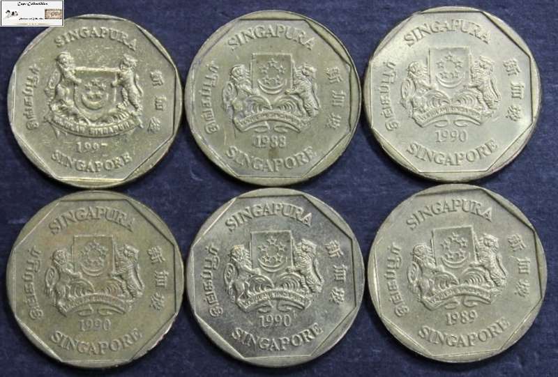 Singapore 1 Dollar 1988/1989/3x1990/1997 Coin (Six) EF40