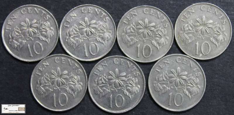 Singapore 10 Cent 1985/3x1986/3x1987  (Seven Coins) Circulated