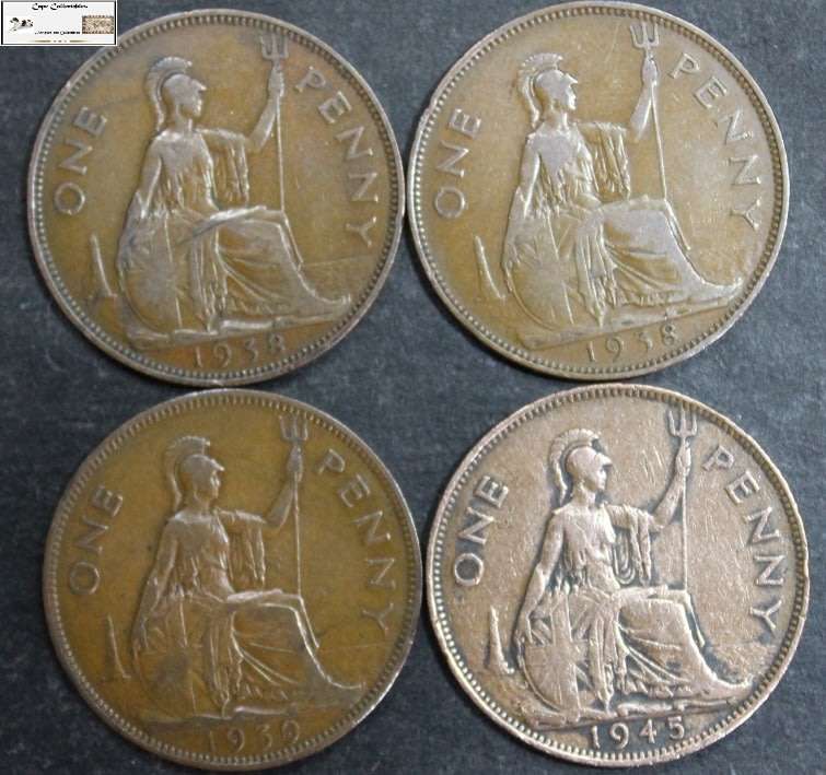 United Kingdom 1 Penny 1938x2 /1939/1945 Four Coins) Circulated