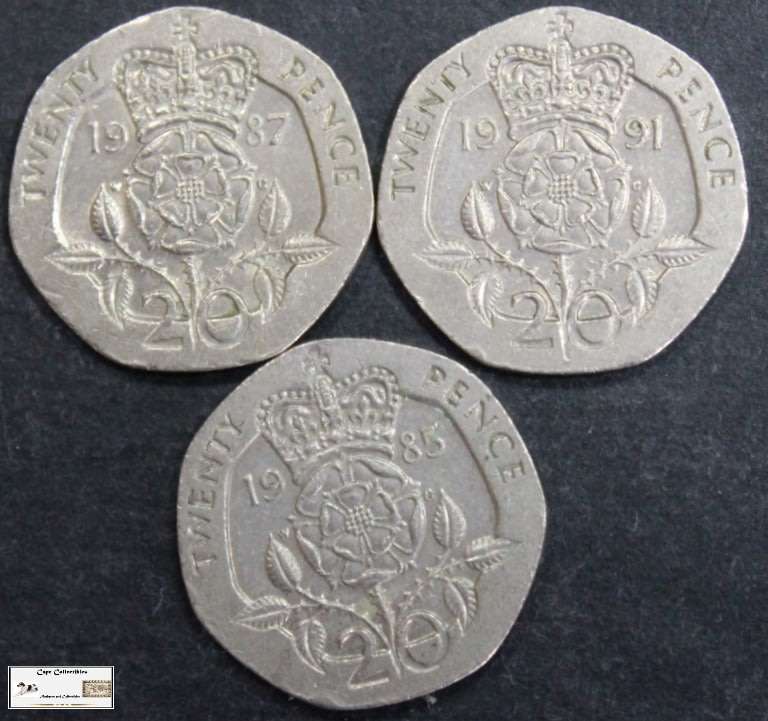 United Kingdom 20 Pence 1985/1987/1991 (Three Coins) Circulated