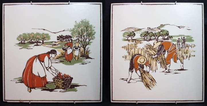 Pair of Vintage Italian Wall Tiles Harvest Time By Cerim Imola