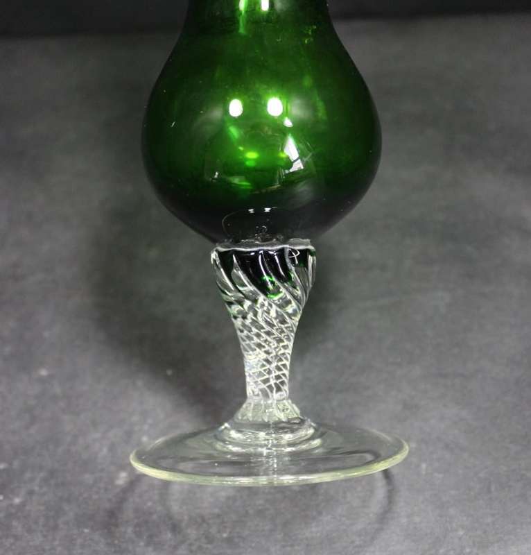Green Glass Bud Vase with Scrolled Stem