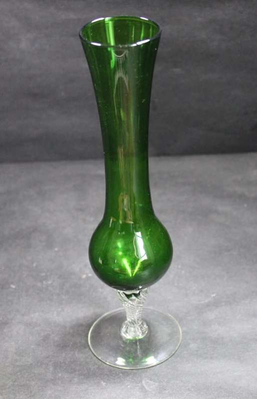 Green Glass Bud Vase with Scrolled Stem