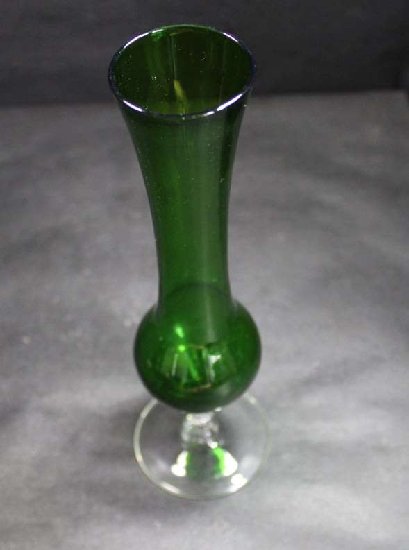 Green Glass Bud Vase with Scrolled Stem