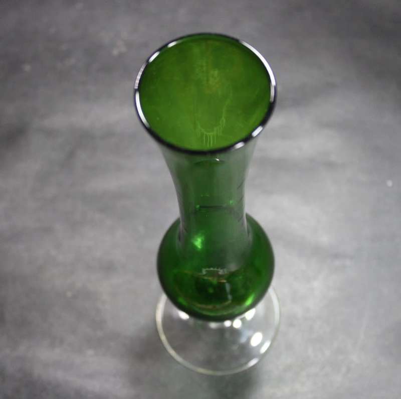 Green Glass Bud Vase with Scrolled Stem
